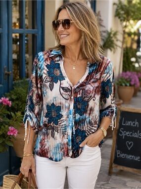 IQ Paris Floral Stretch Top XL Blue Burgundy Button Front Ruched Sleeves